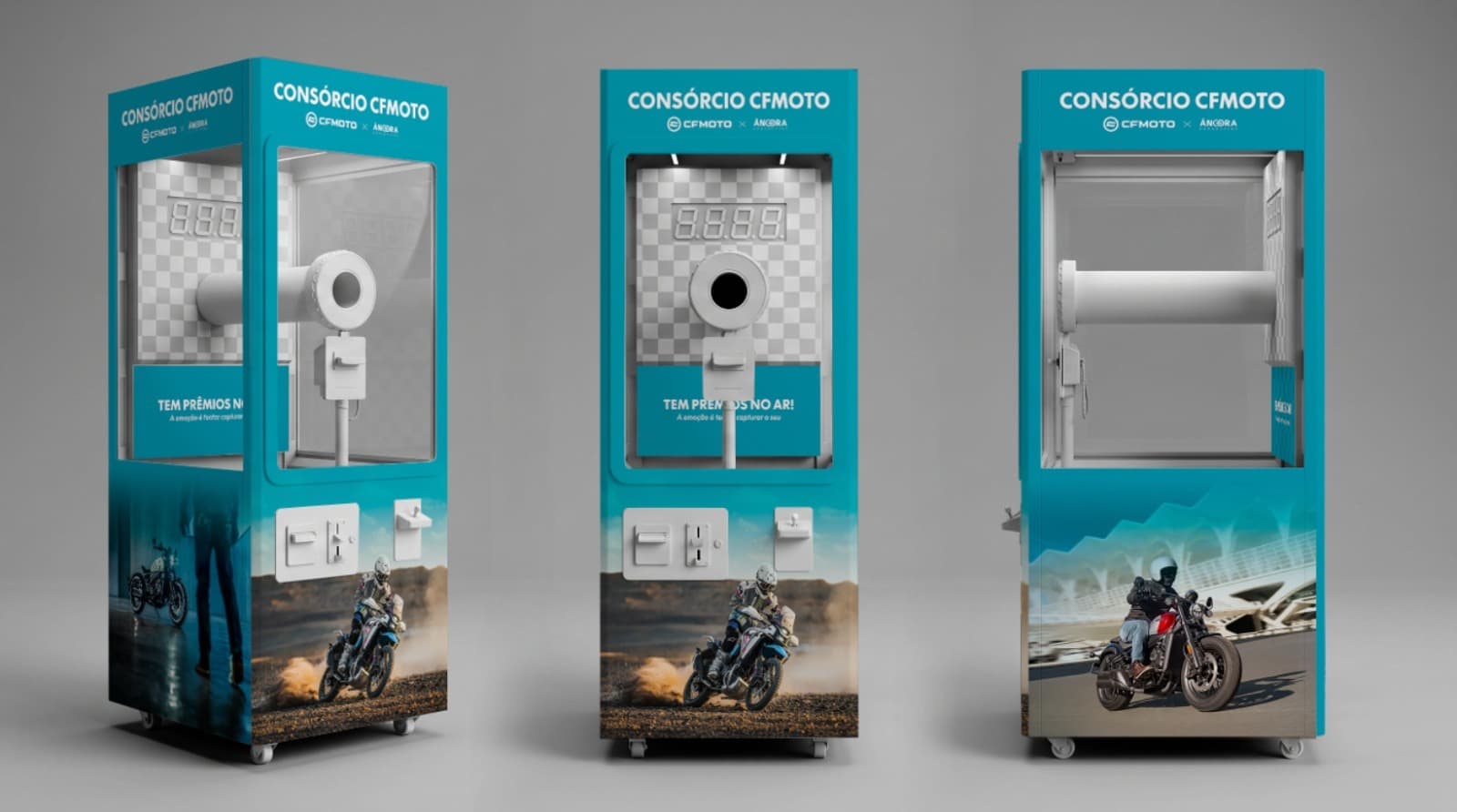 Cabine personalizada Consórcio CFMoto com plotagem completa e painel de comando.